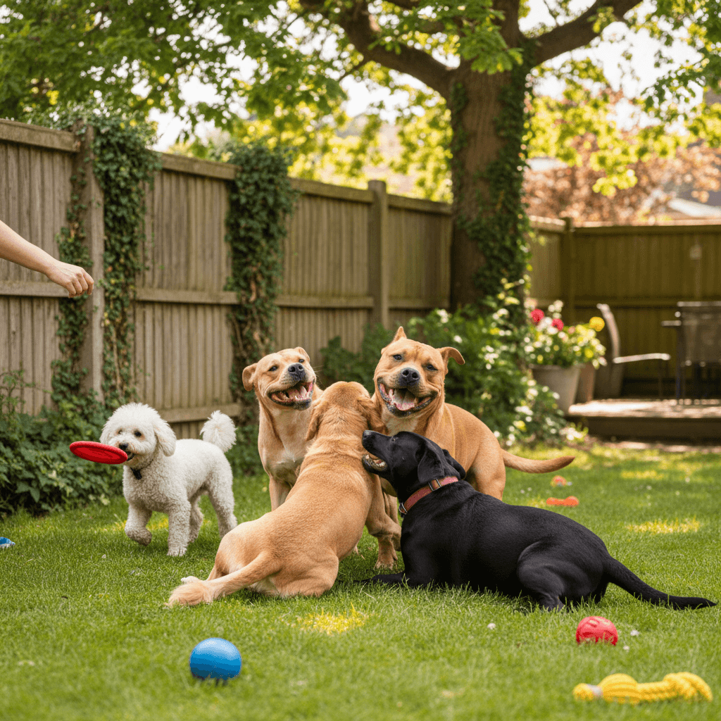 Garry supervising happy dogs playing safely in a secure garden