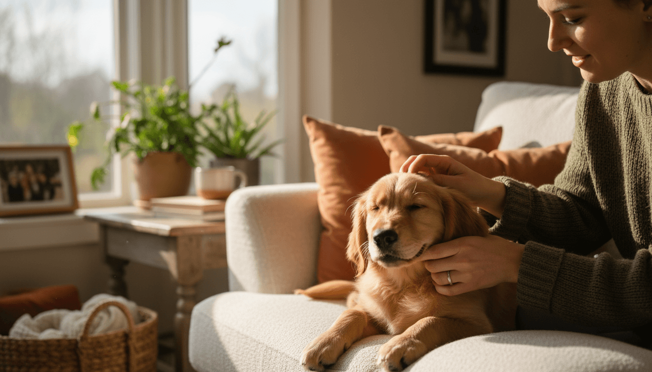 Garry Cliffe smiling with two happy dogs in a warm, welcoming home setting