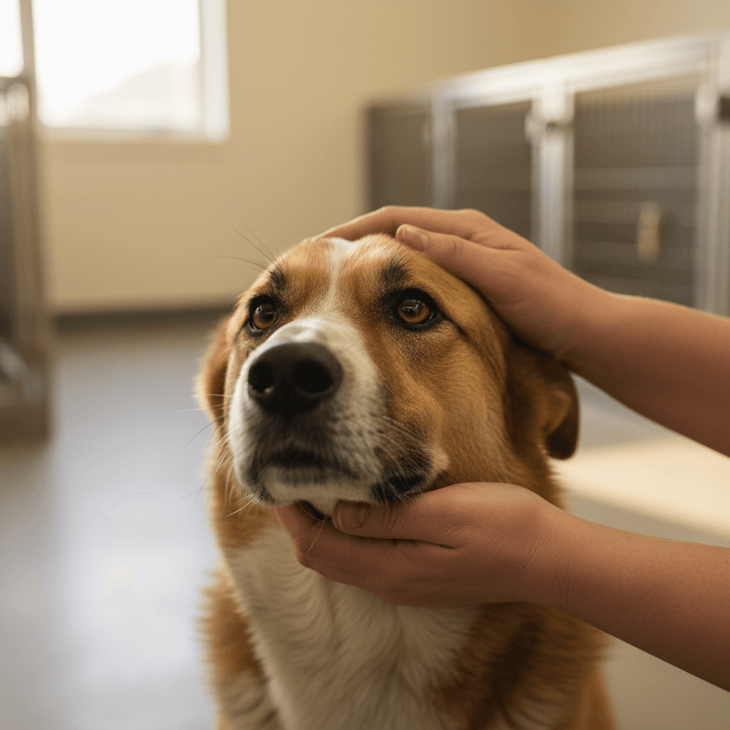 Patient caregiver helping a nervous rescue dog rebuild confidence